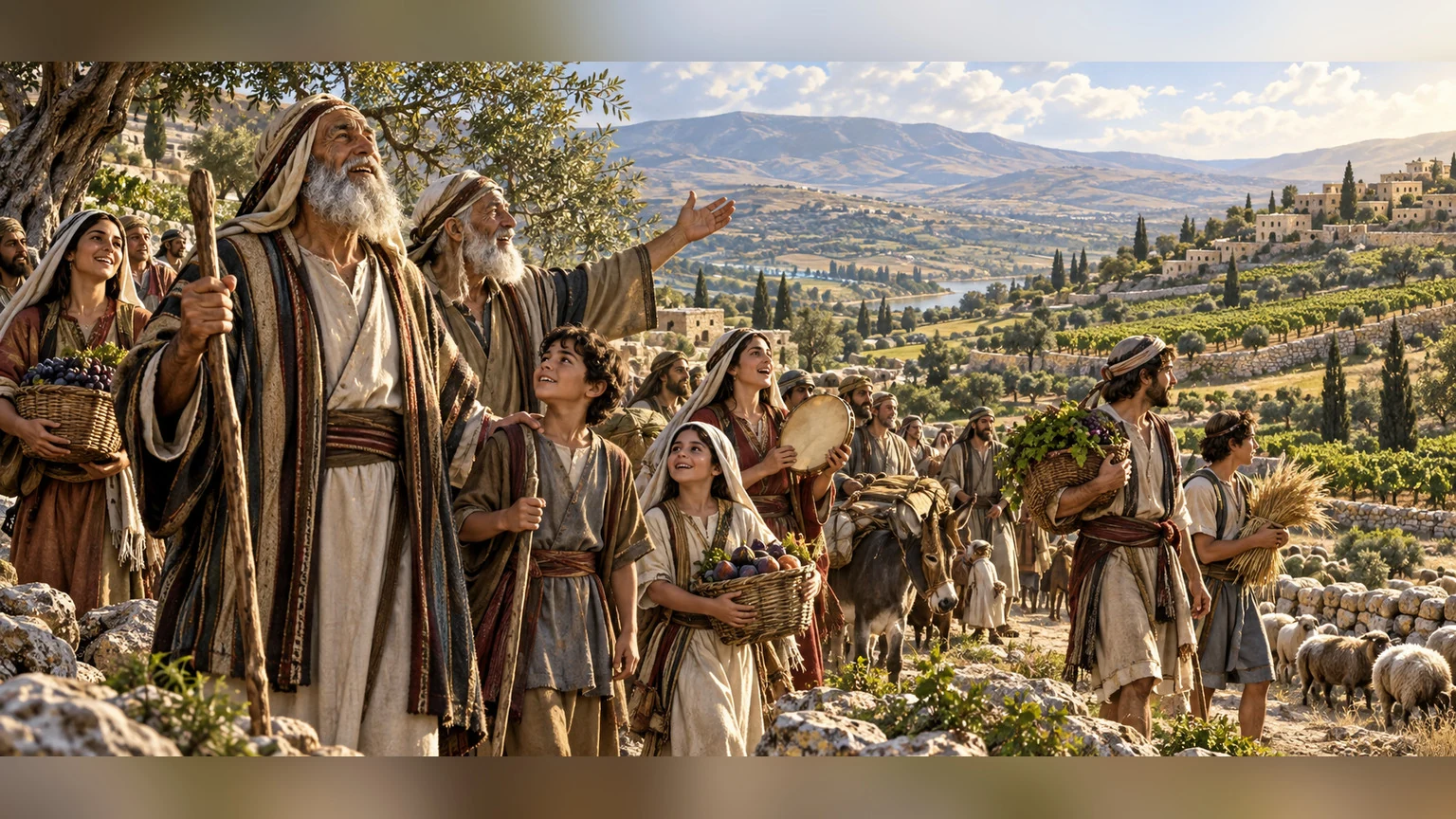 Families sing as they enter cultivated hill country.