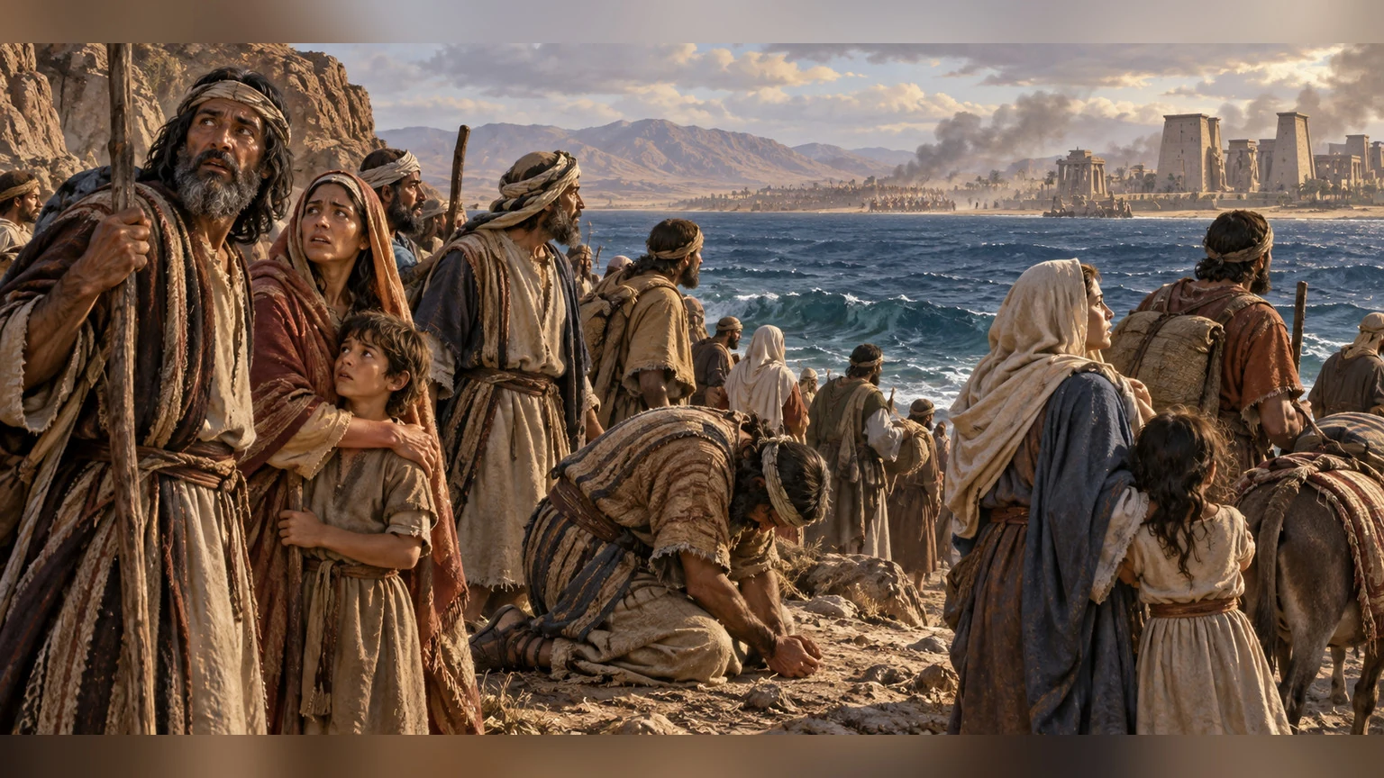 Families stand anxiously beside the Red Sea.