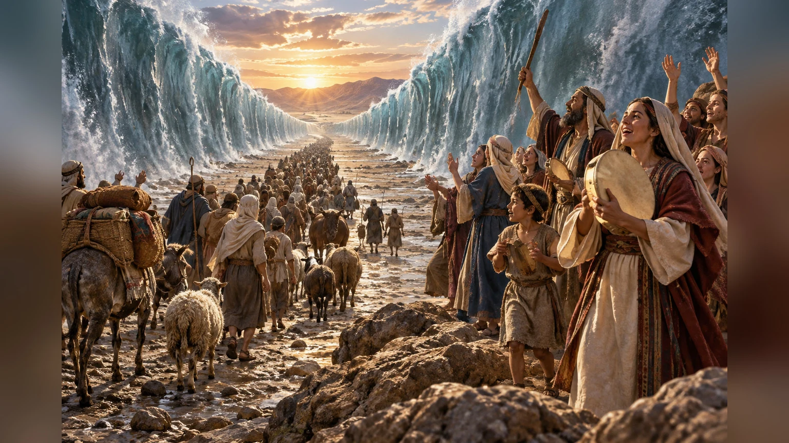 Israelite families sing beyond the divided sea.