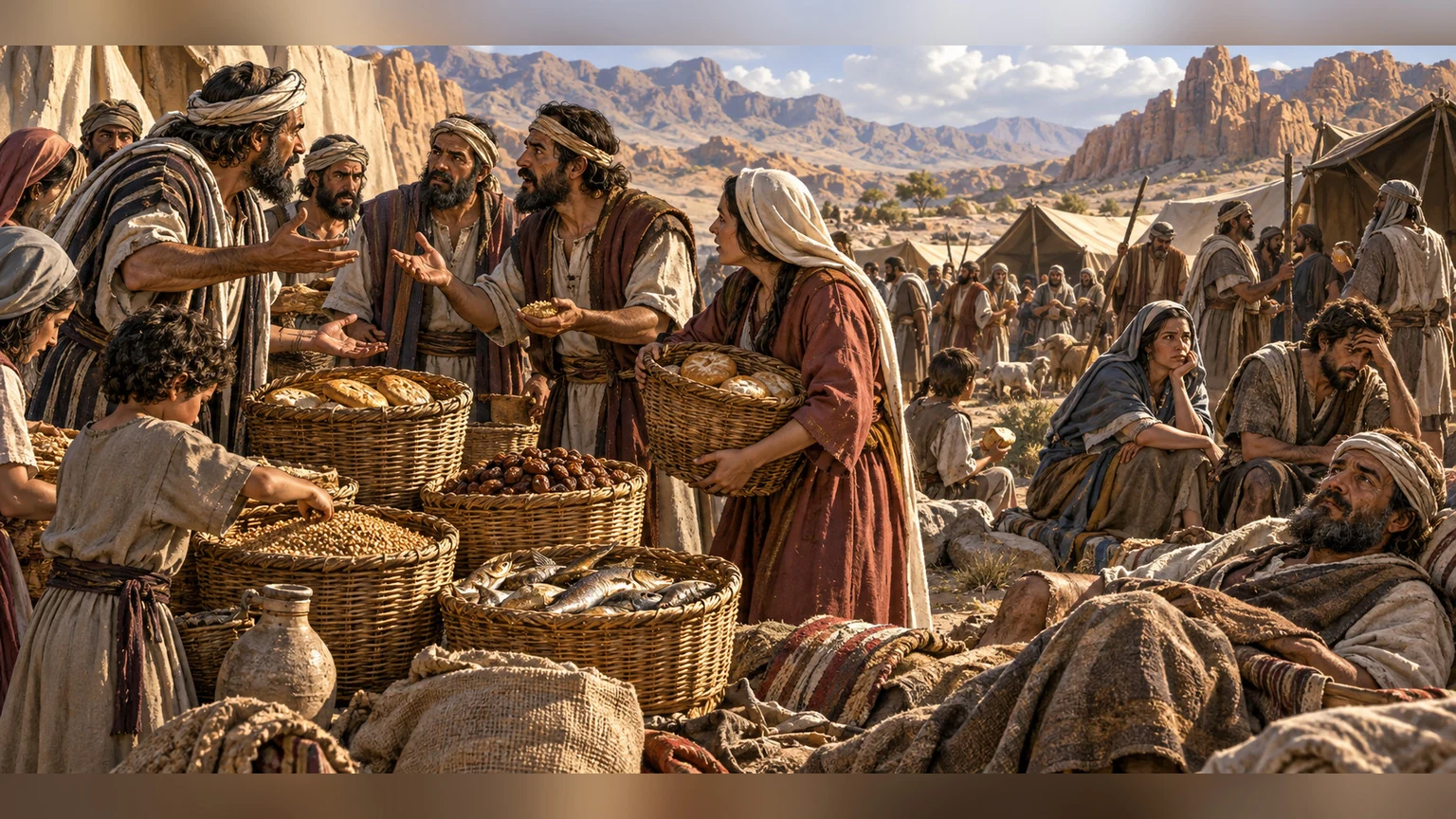A wilderness camp quarrels near full baskets.