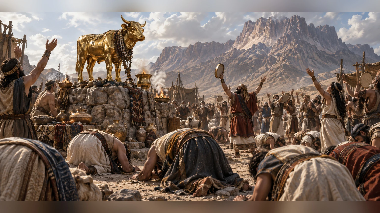 Worshippers gather before a golden calf below Horeb.