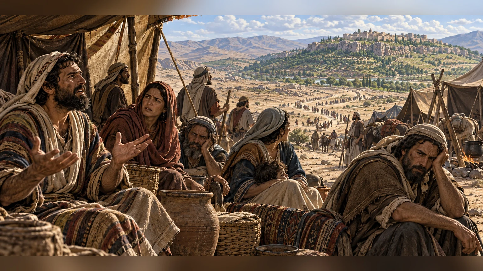 People grumble in desert tents with hills beyond.