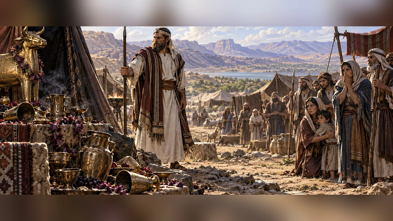 Phinehas stands before a worried wilderness camp.