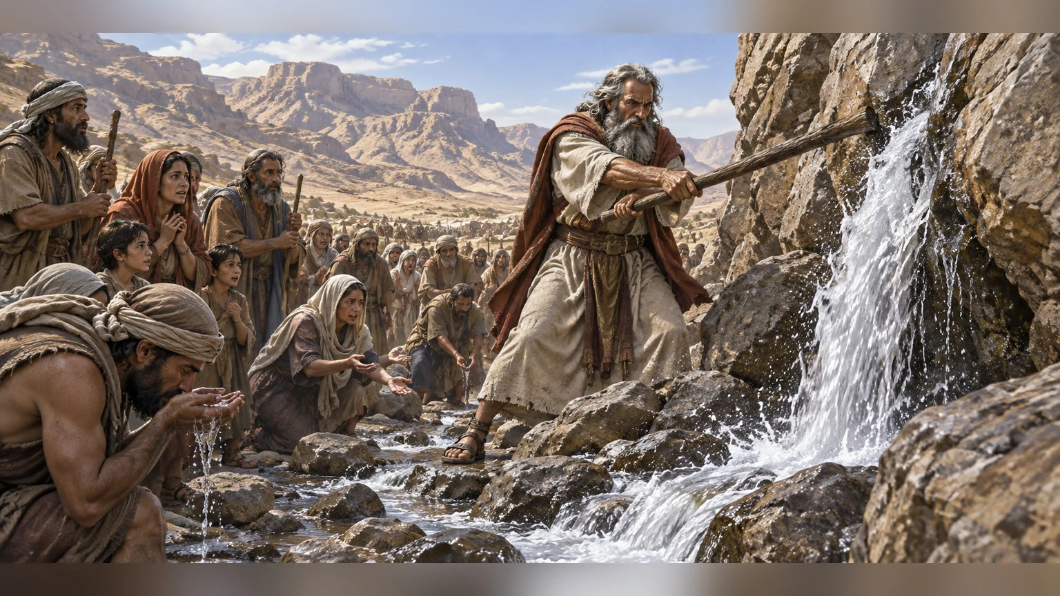 Moses strikes a rock while thirsty people watch.
