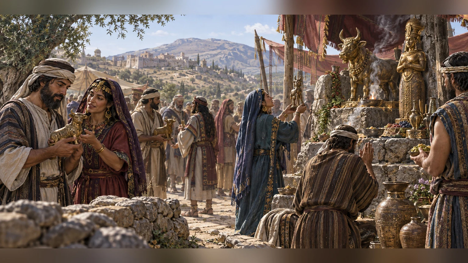 Israelites gather at a foreign roadside shrine.