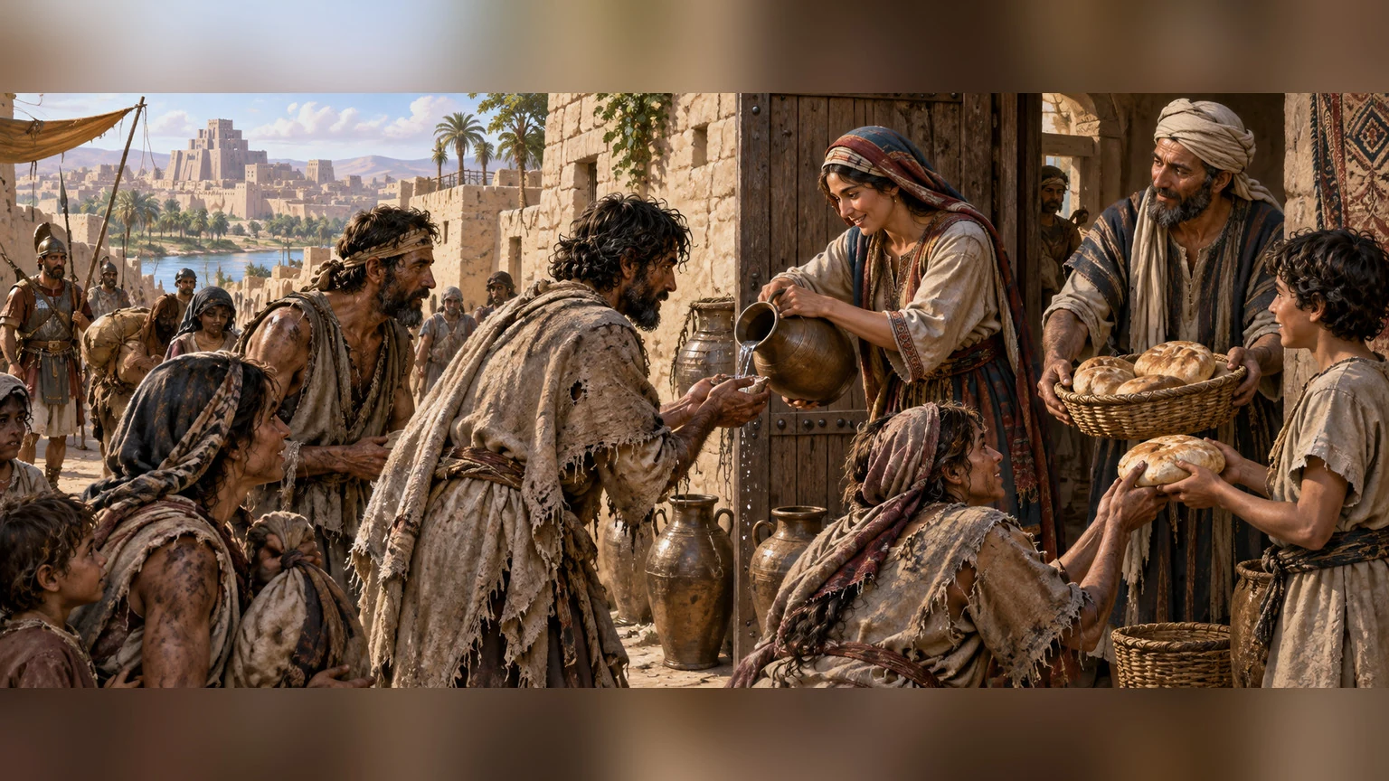 Neighbors offer bread and water to captives.