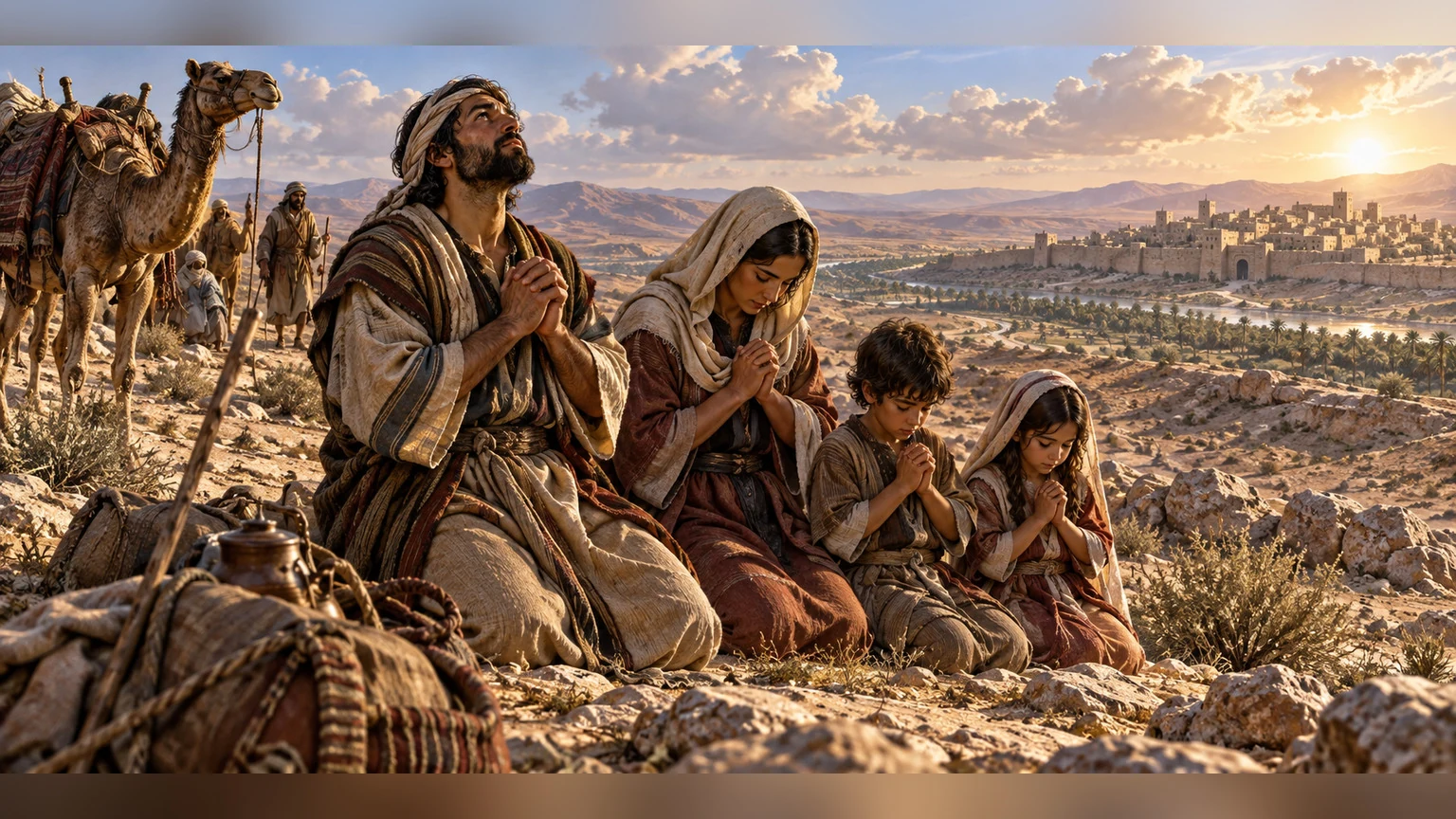 Travelers pause together in a wide dry wilderness.