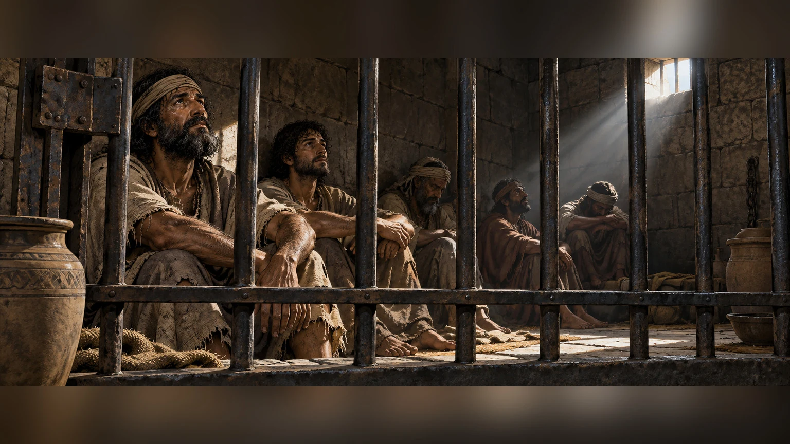 Captives sit in a dim stone chamber.