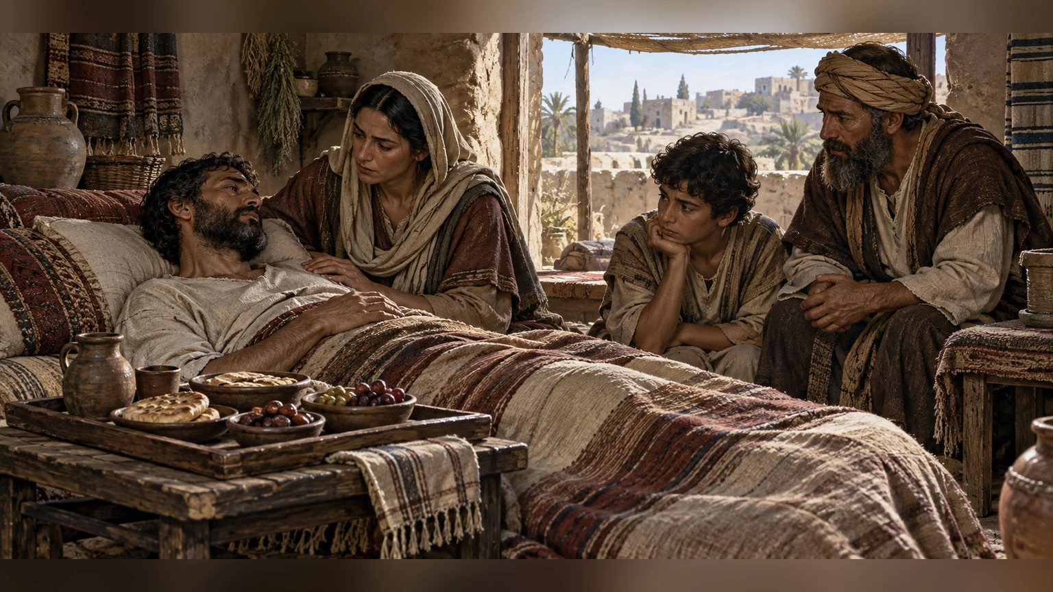 A recovering person rests near untouched food.