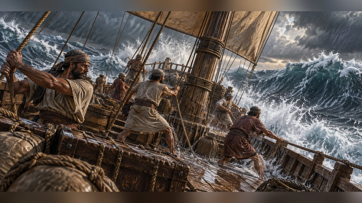 An ancient ship rides high waves in a storm.
