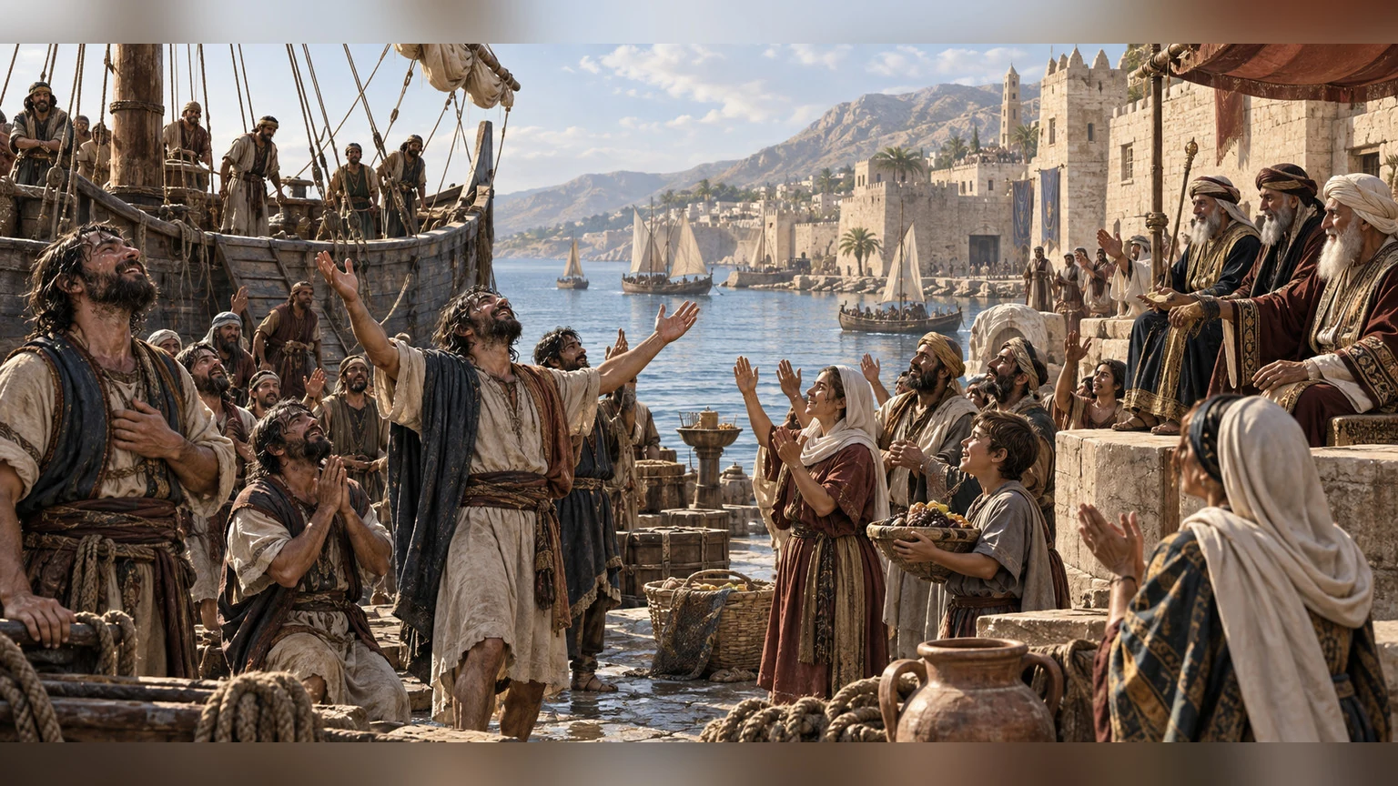 A ship enters calm harbor as people give thanks.