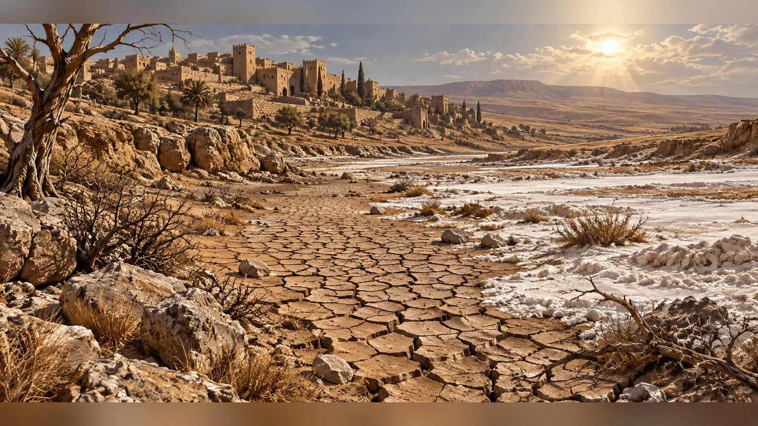 A dry riverbed runs through salt-streaked land.