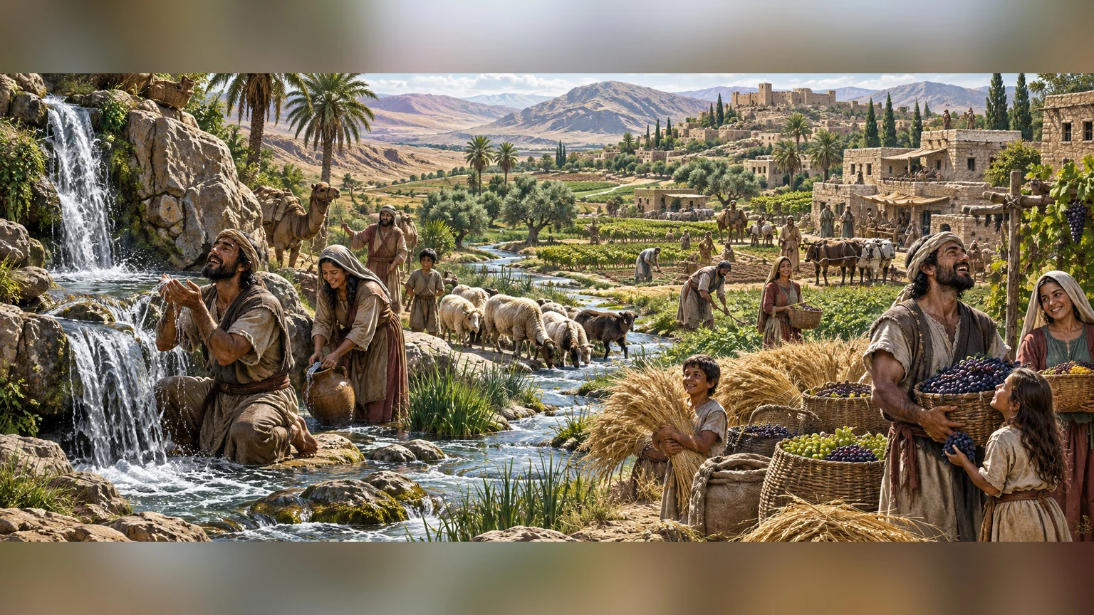 Water renews a settlement with fields and livestock.