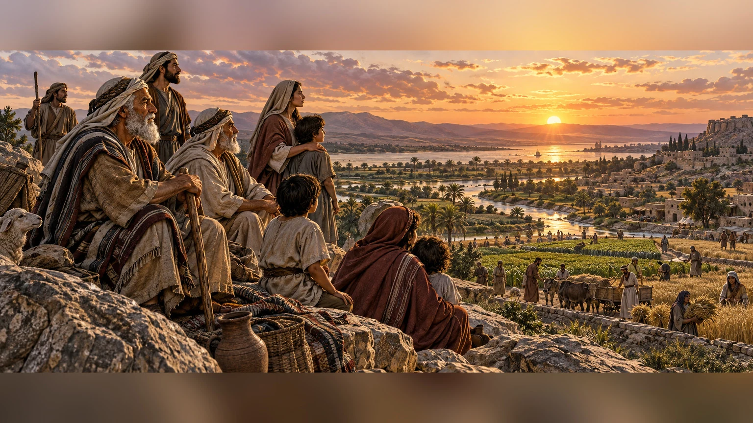 Elders and families reflect on a hilltop.