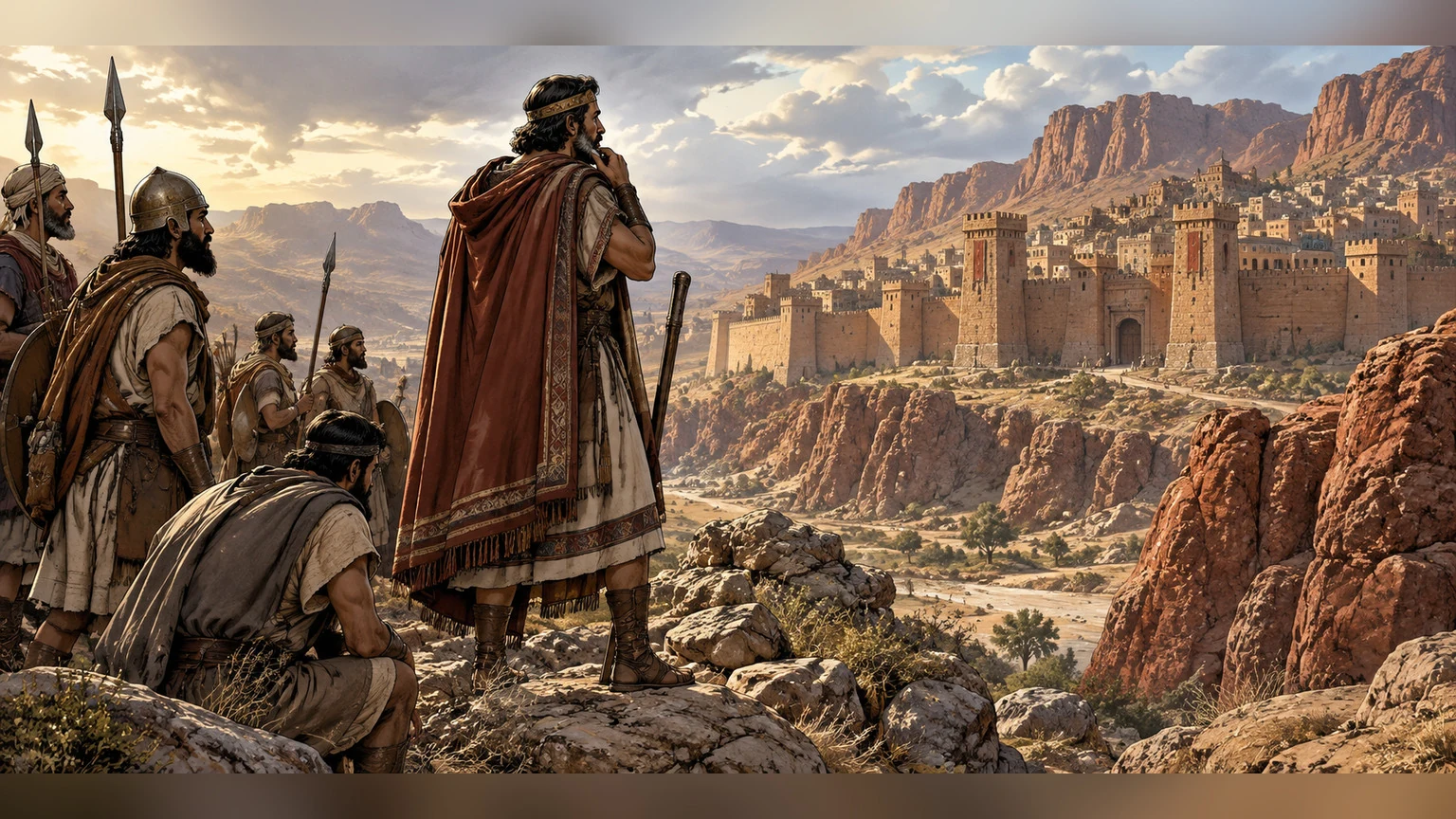 A company looks toward a distant fortified city.