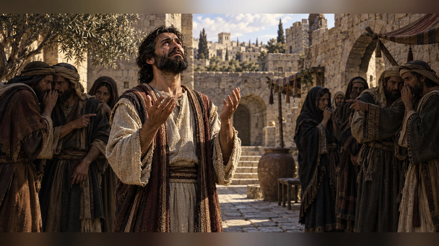 A speaker prays while neighbors whisper accusations.