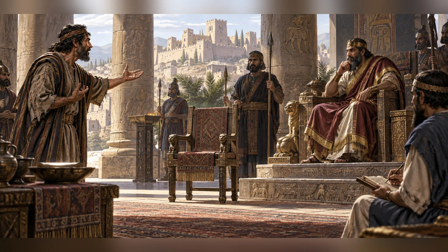 An accuser stands beside an empty chair in court.