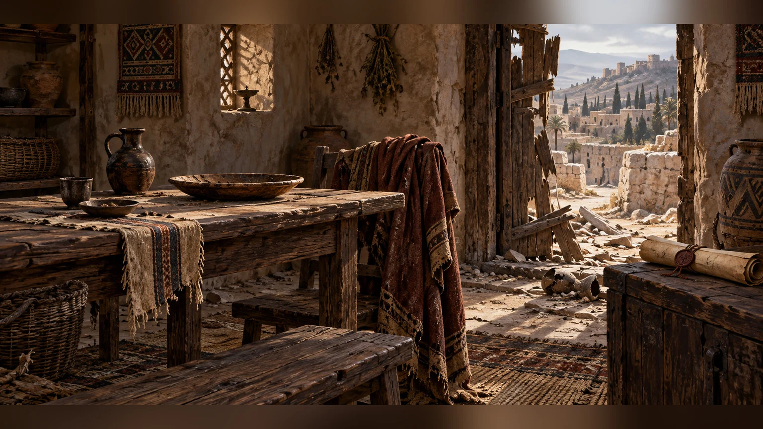 An abandoned ancient household sits silent.