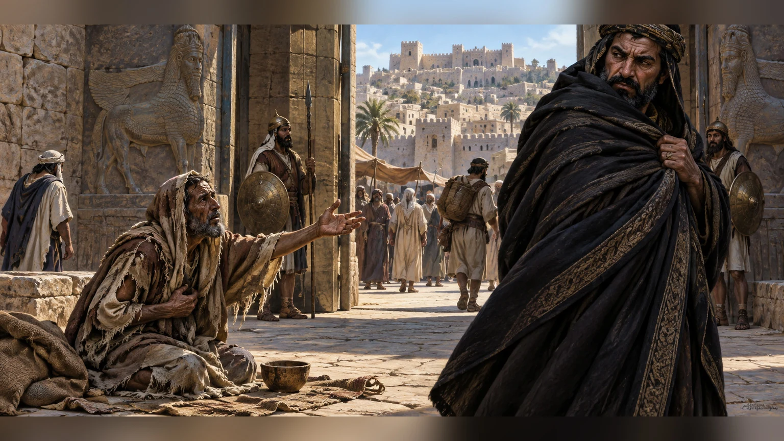 An accuser turns from the needy at a city gate.