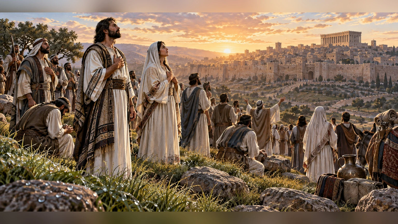 People gather on a dew-covered ridge at dawn.