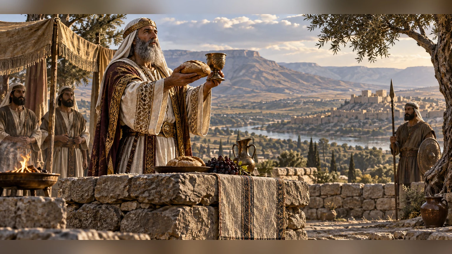A priest-king stands at a simple stone altar.