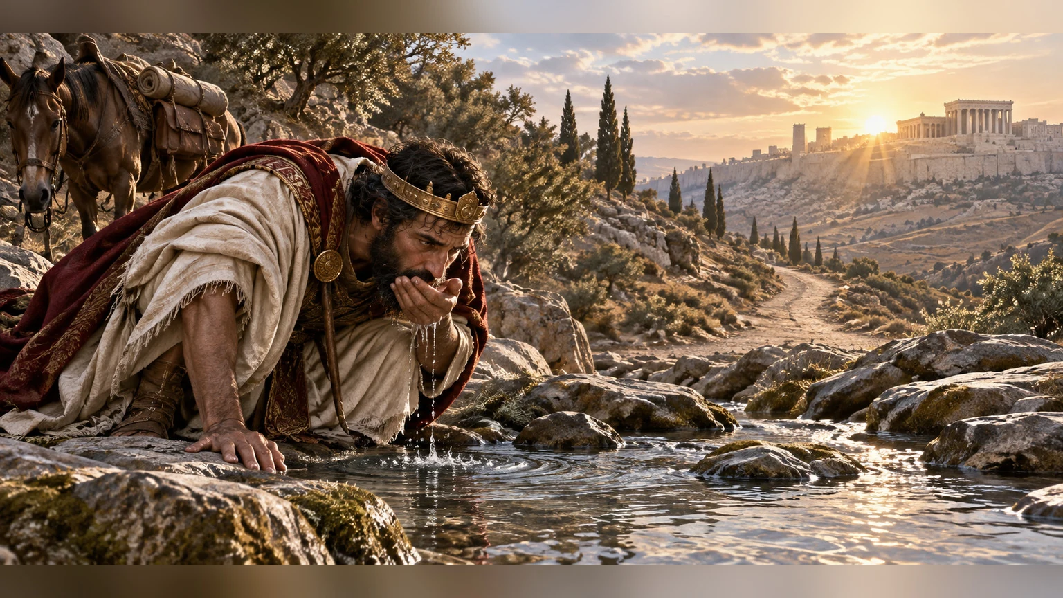 A leader drinks from a brook before continuing.