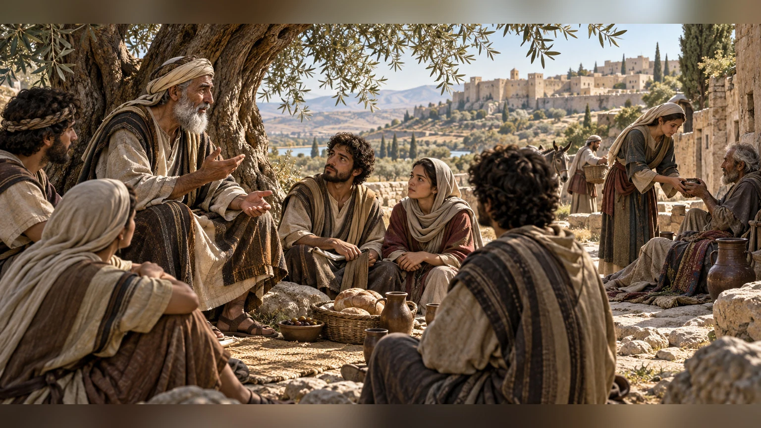 A teacher guides learners beneath an olive tree.