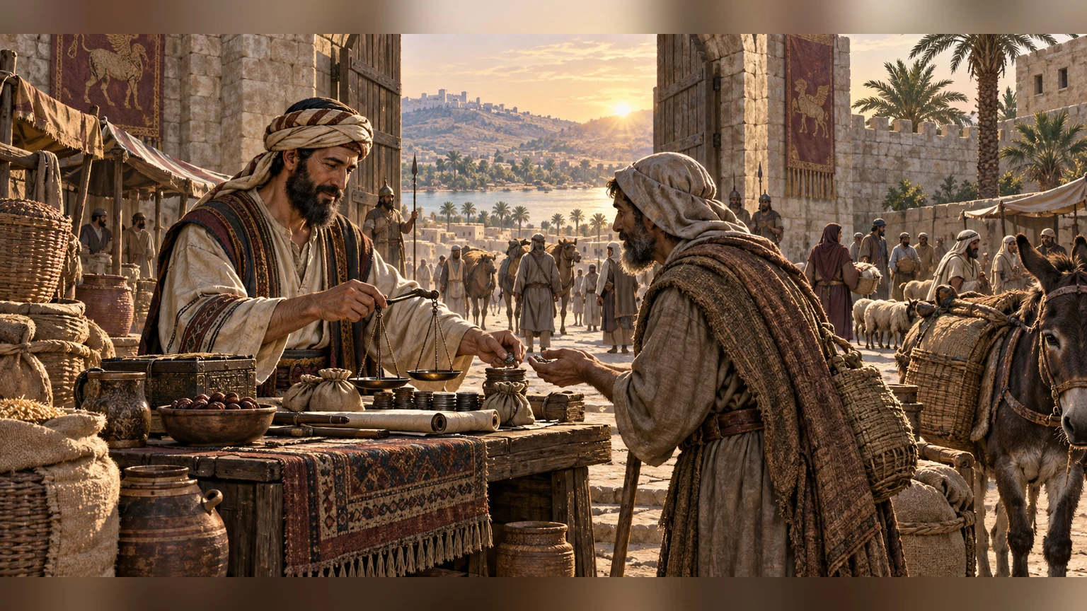 A merchant lends fairly at the village gate.