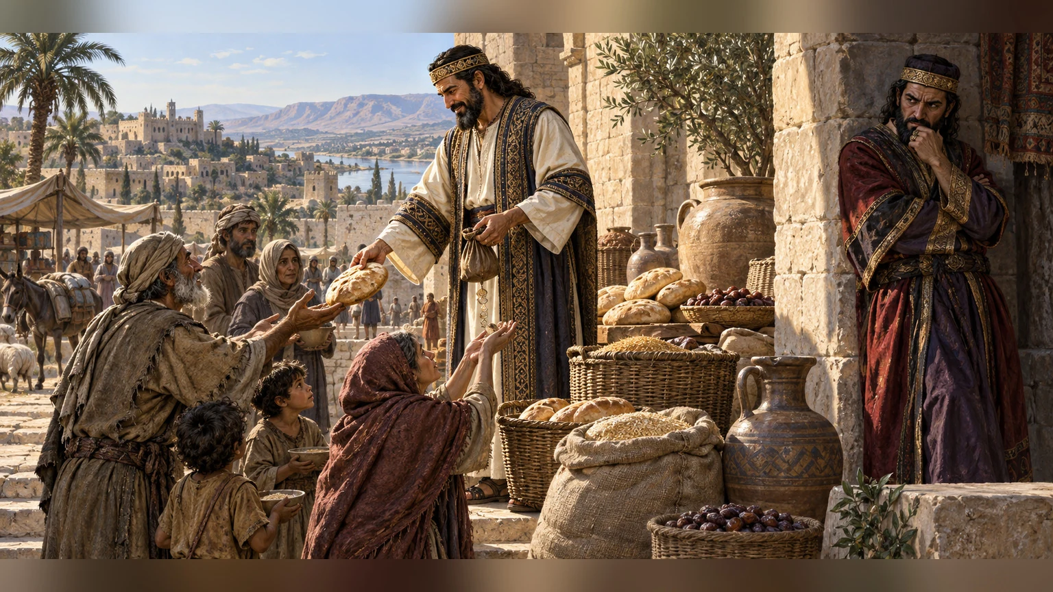 An upright person gives food to poor neighbors.