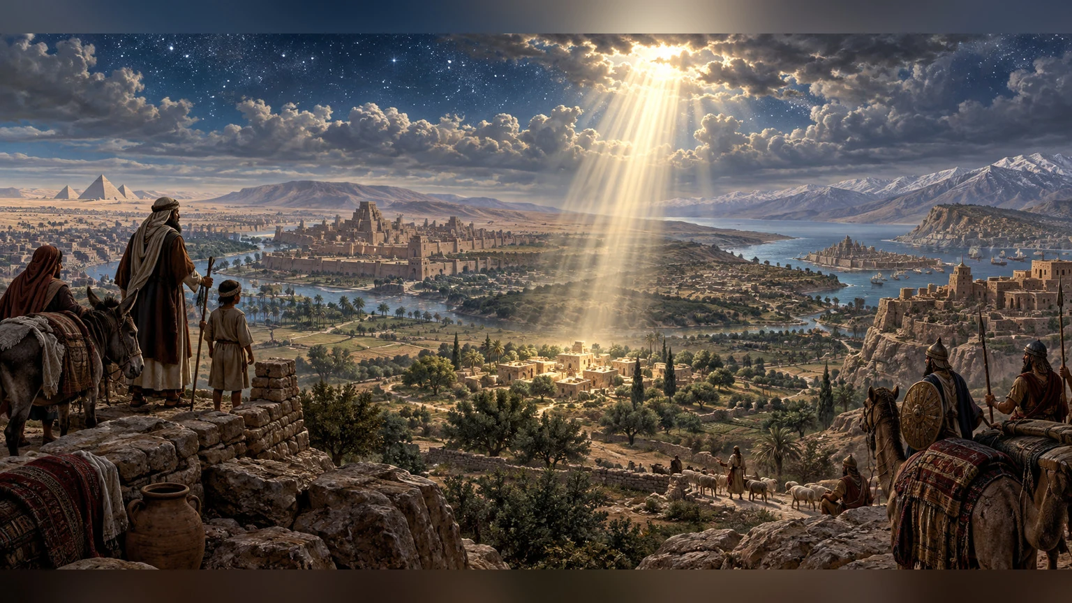 Wide heavens arch over many lands.