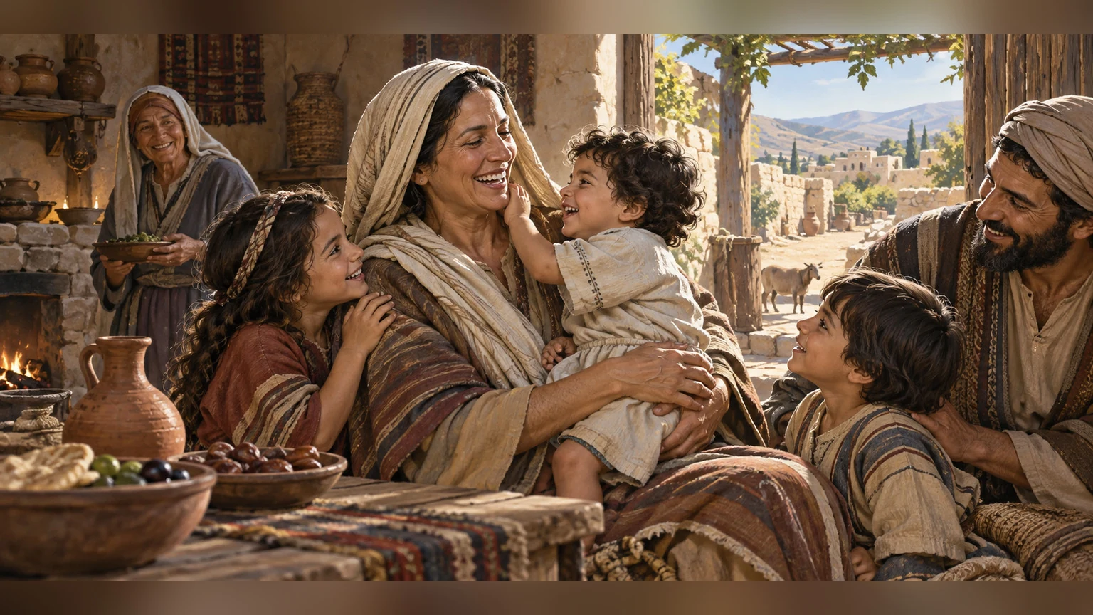 A mother rejoices with children at home.