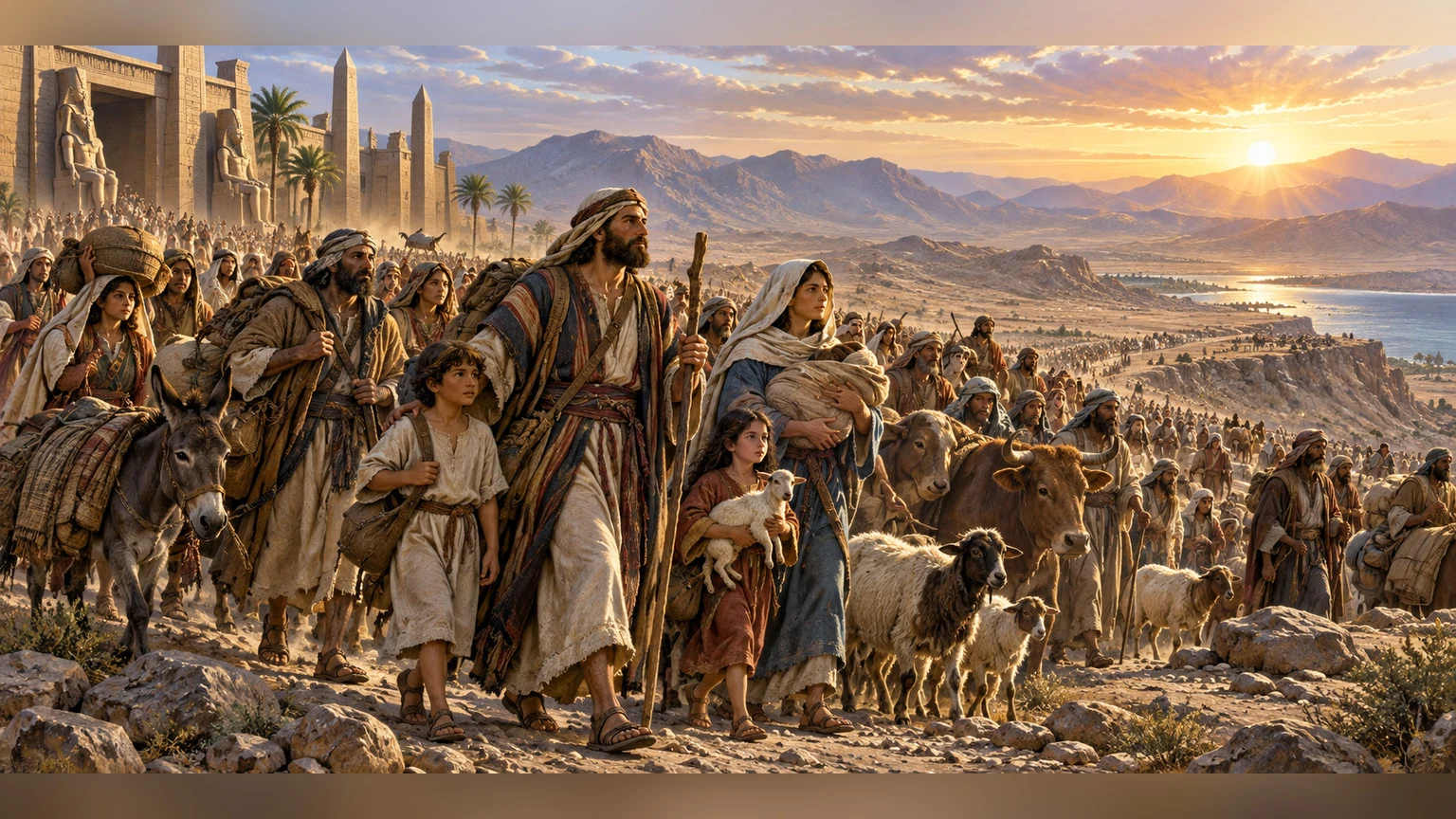 Families with livestock depart Egypt at dawn.