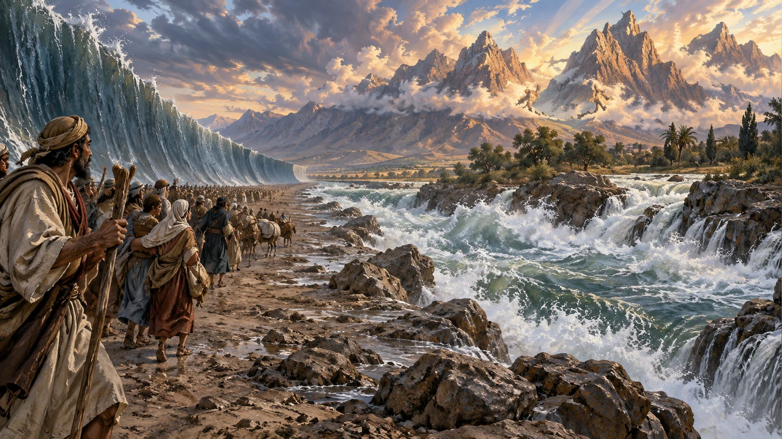 Waters recede beside dramatic mountains.