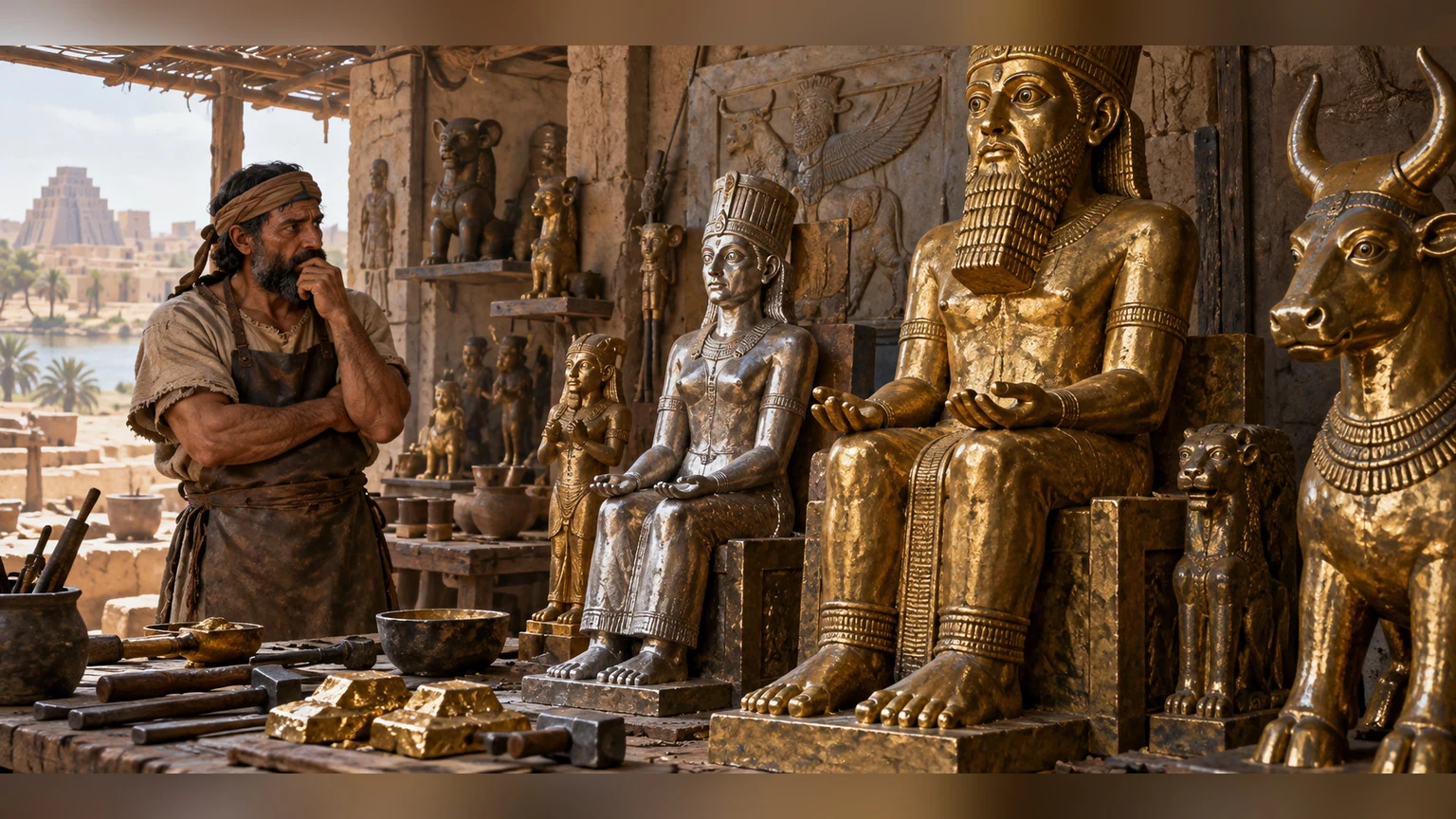 Silver and gold idols stand inert in a workshop.