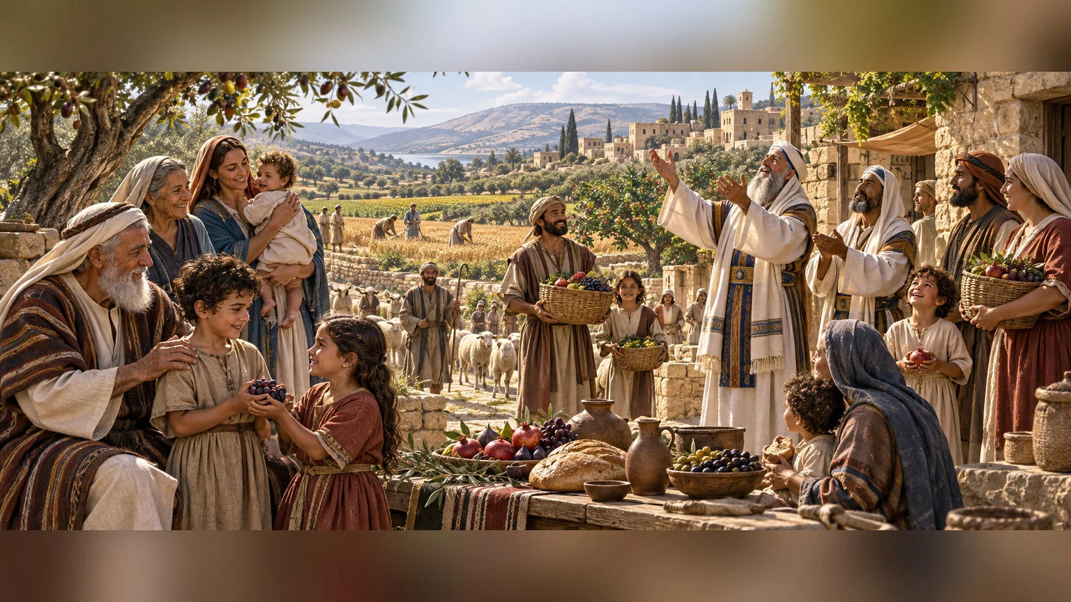 Children and elders gather in a flourishing village.
