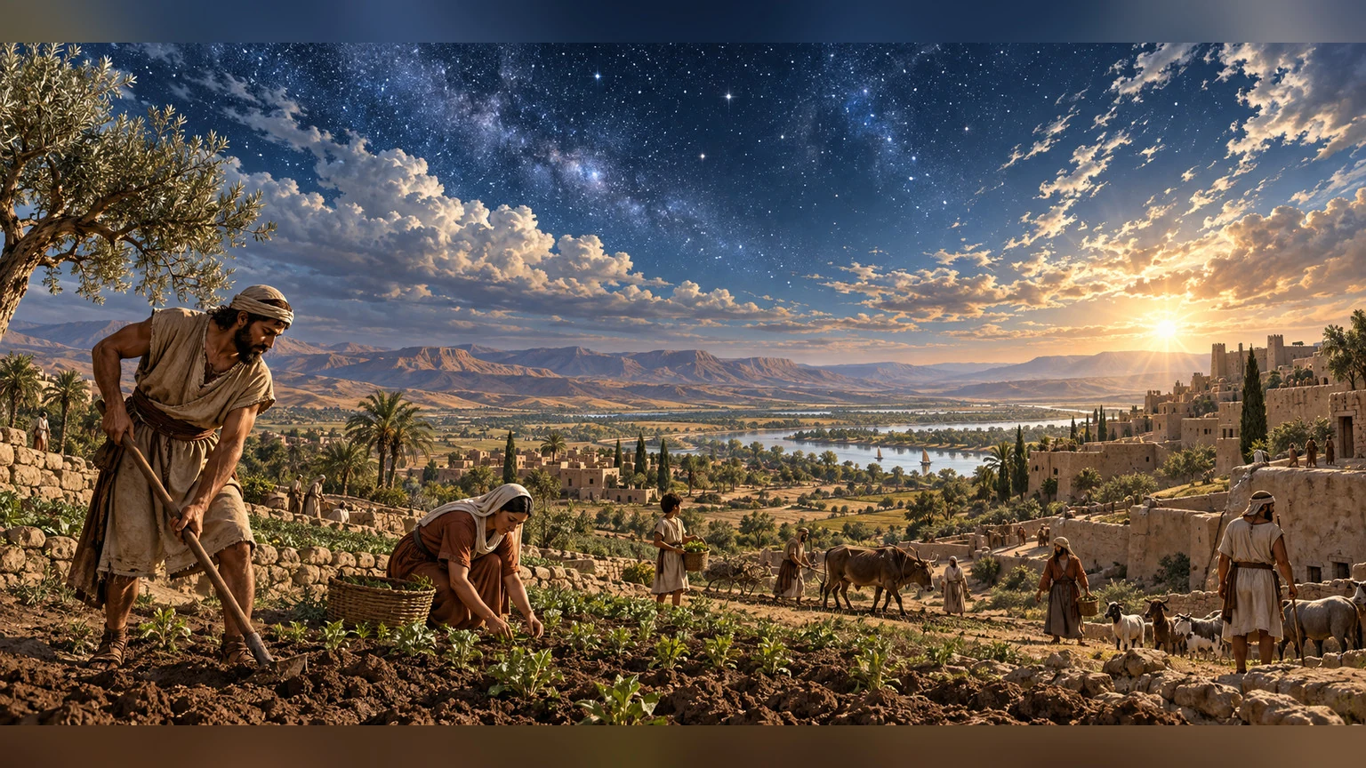 People tend the earth beneath vast heavens.