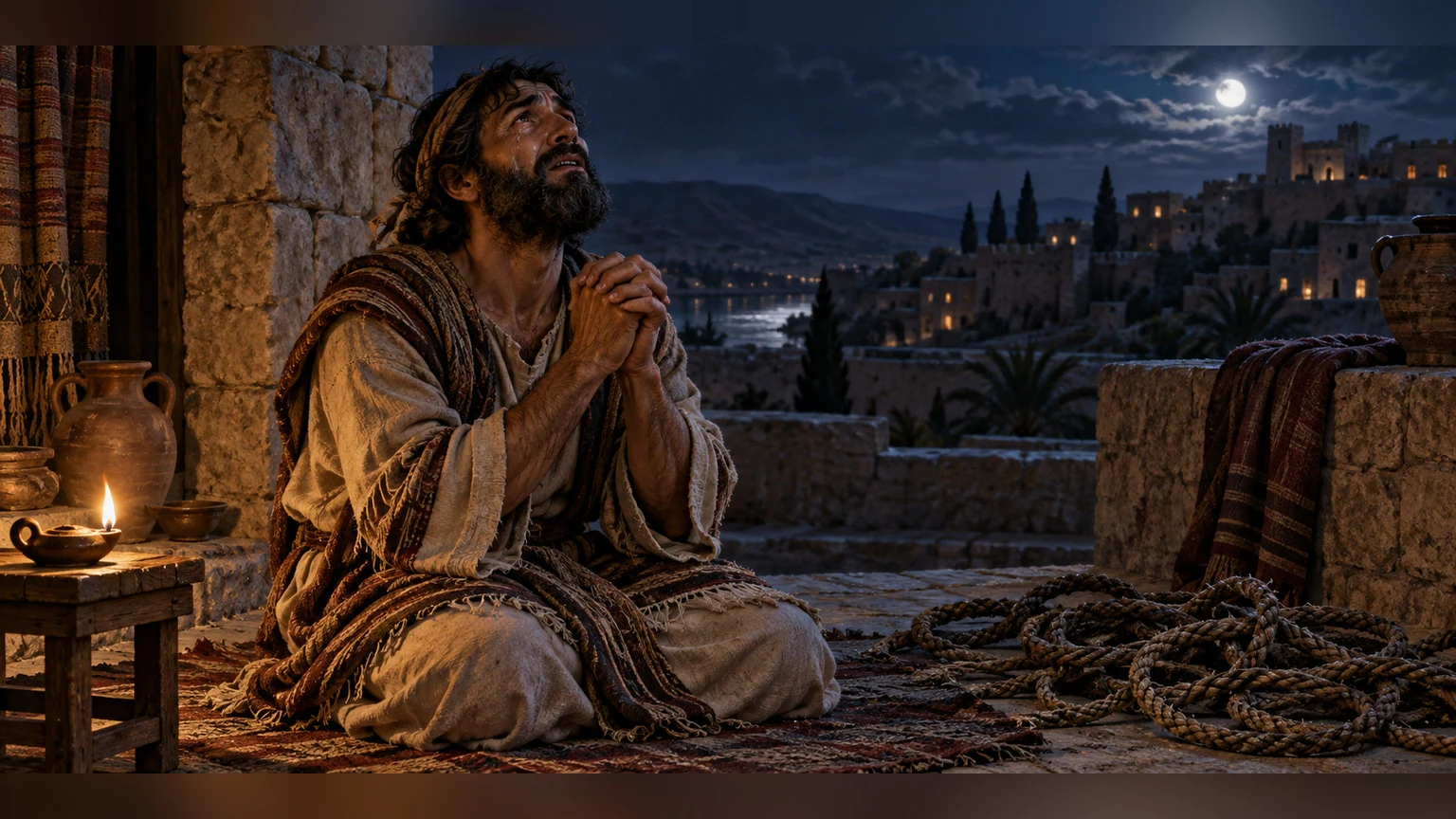 A solitary speaker prays by an oil lamp.