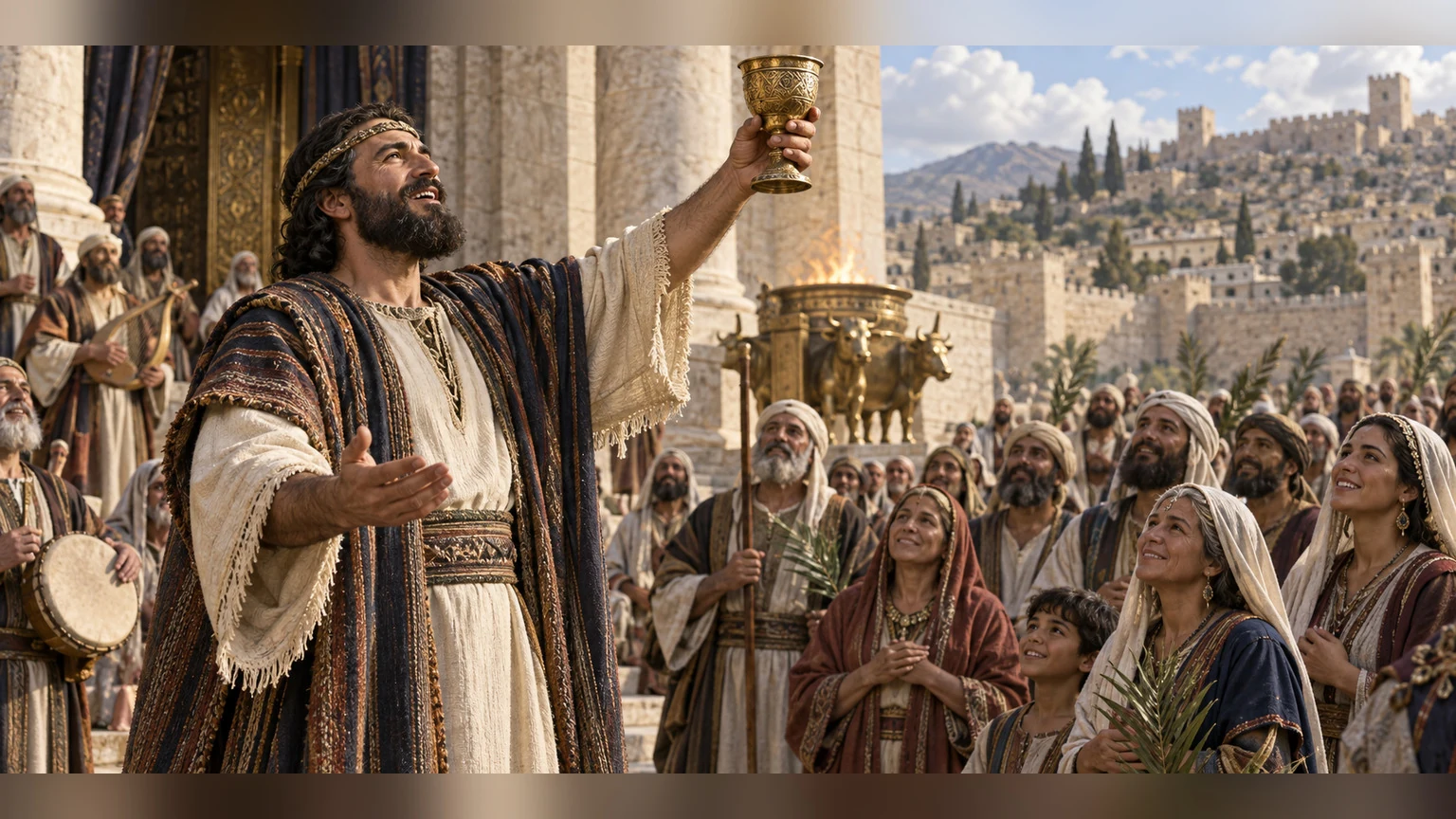 A speaker lifts a cup before the congregation.