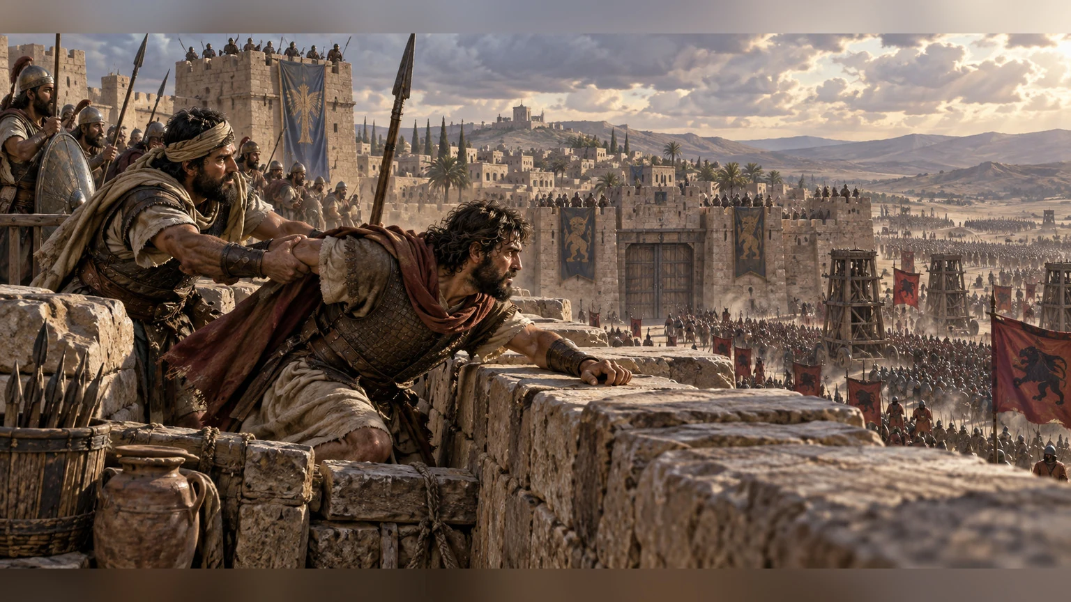 A defender stands firm before distant banners.