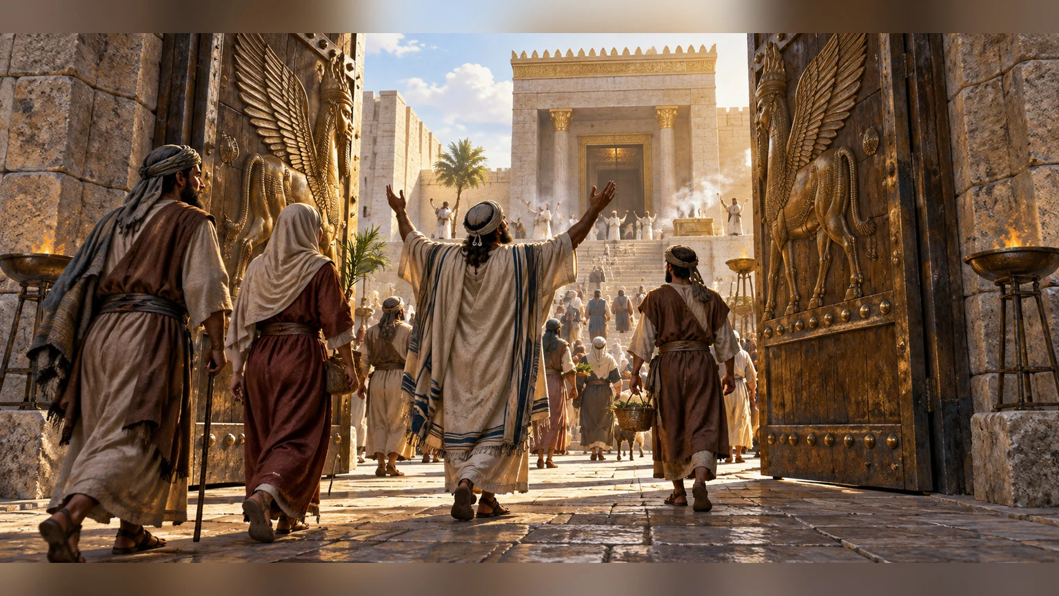 A worshipper enters open sanctuary gates.