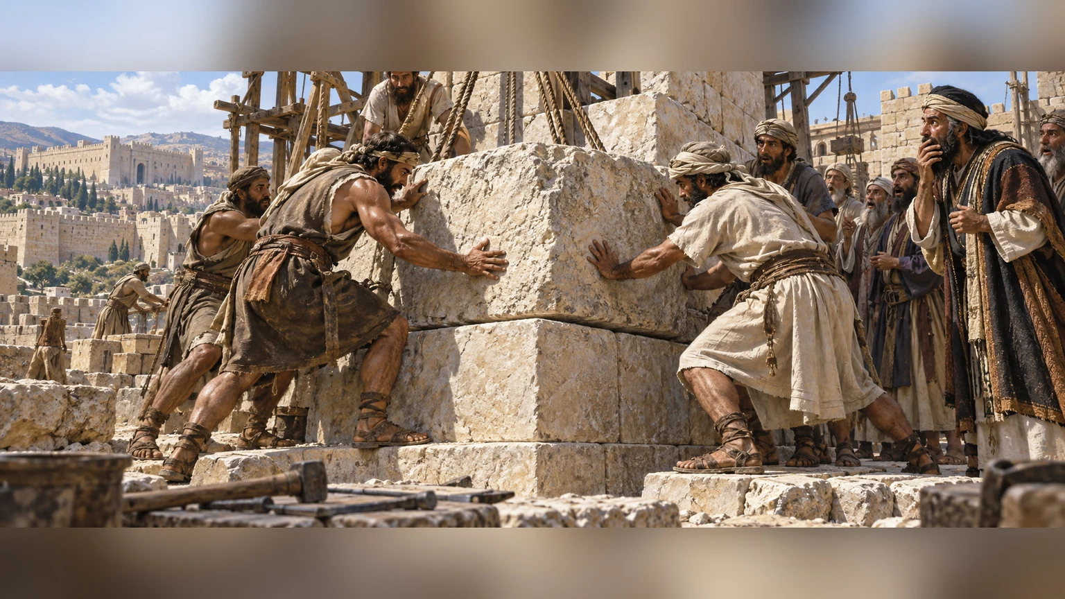 Builders set a rough stone as a cornerstone.