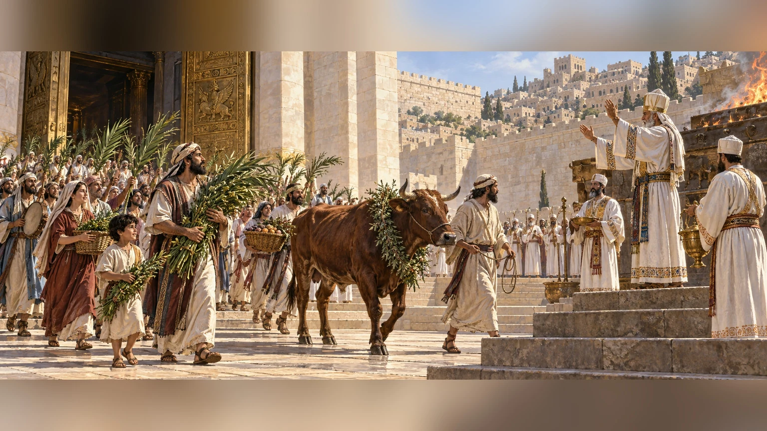 A procession approaches the temple altar.