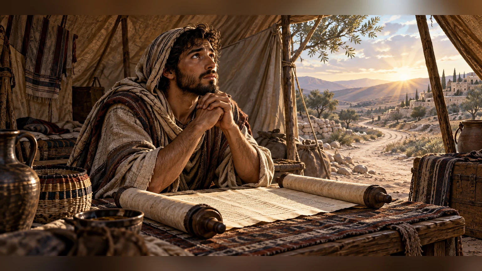 a sojourner asks for open eyes while longing over a scroll in a temporary dwelling.