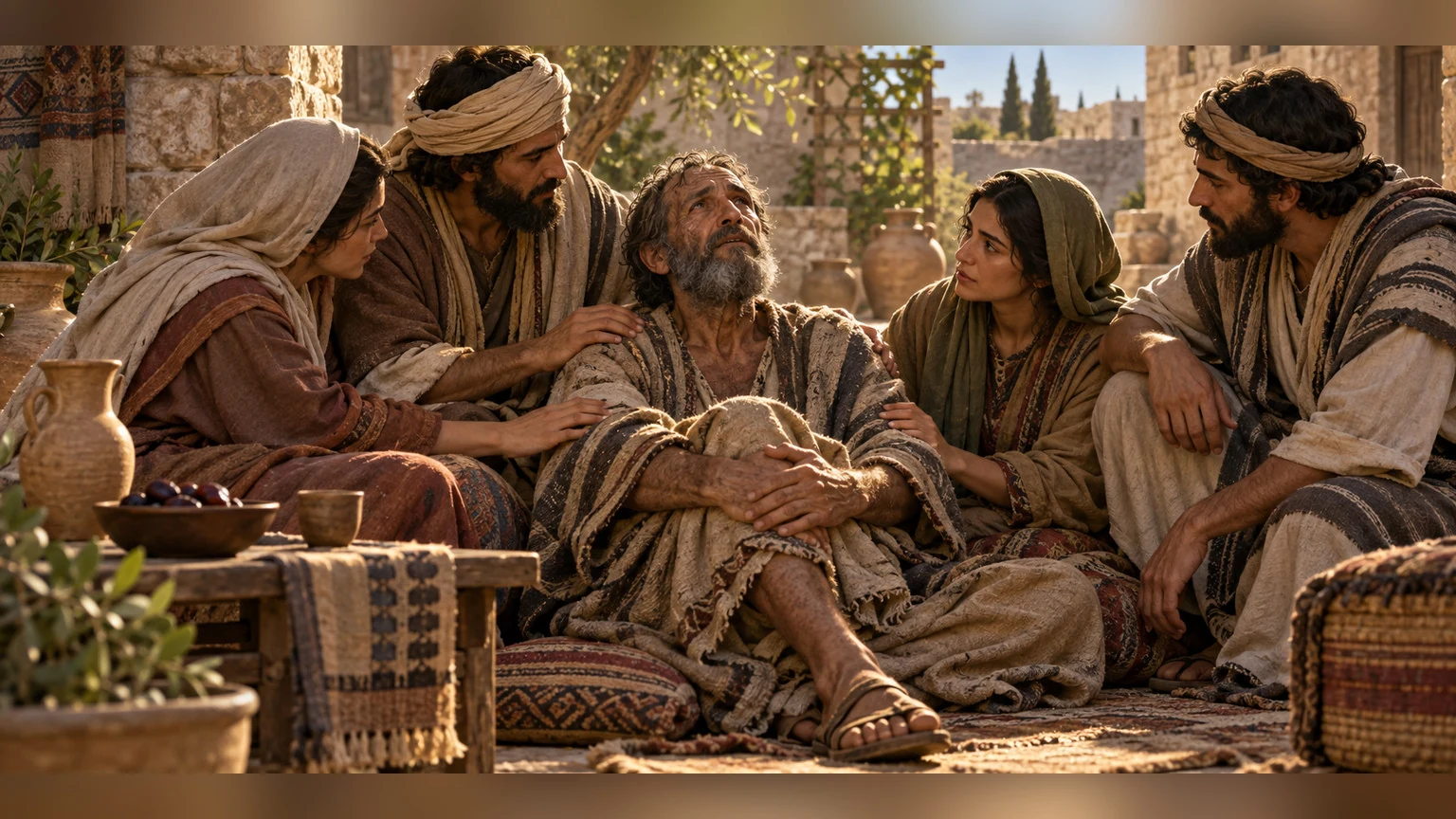 faithful companions gather around an afflicted person seeking mercy and a blameless heart.