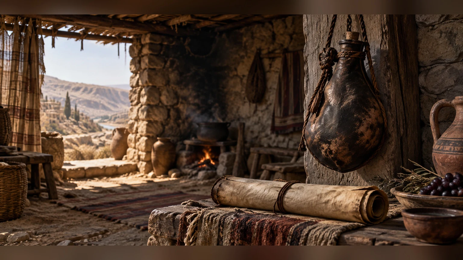 a smoke-darkened, shriveled wineskin hangs beside the still-remembered scroll.
