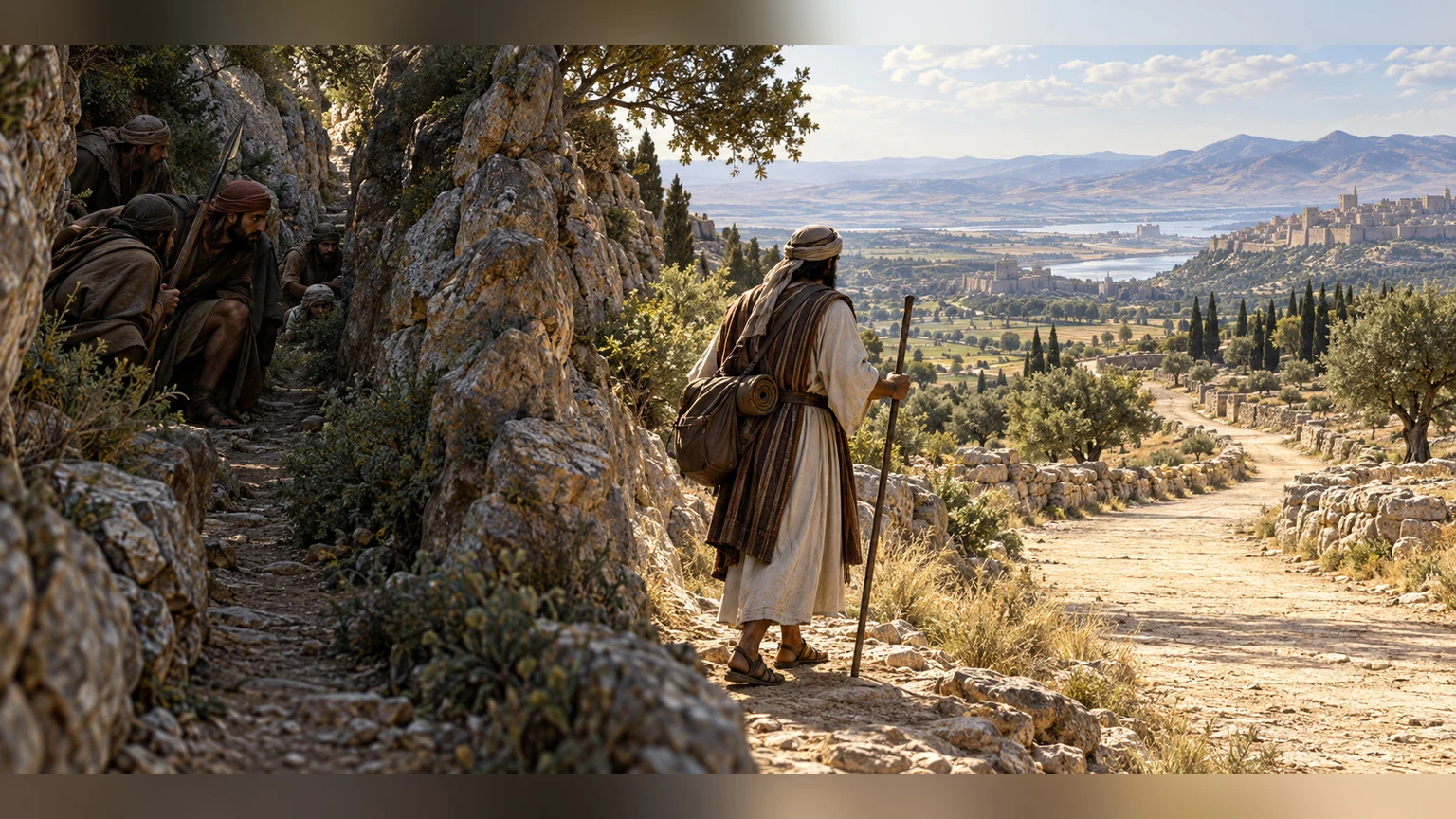 a narrow ambush contrasts with a horizon suggesting the commandment's breadth.