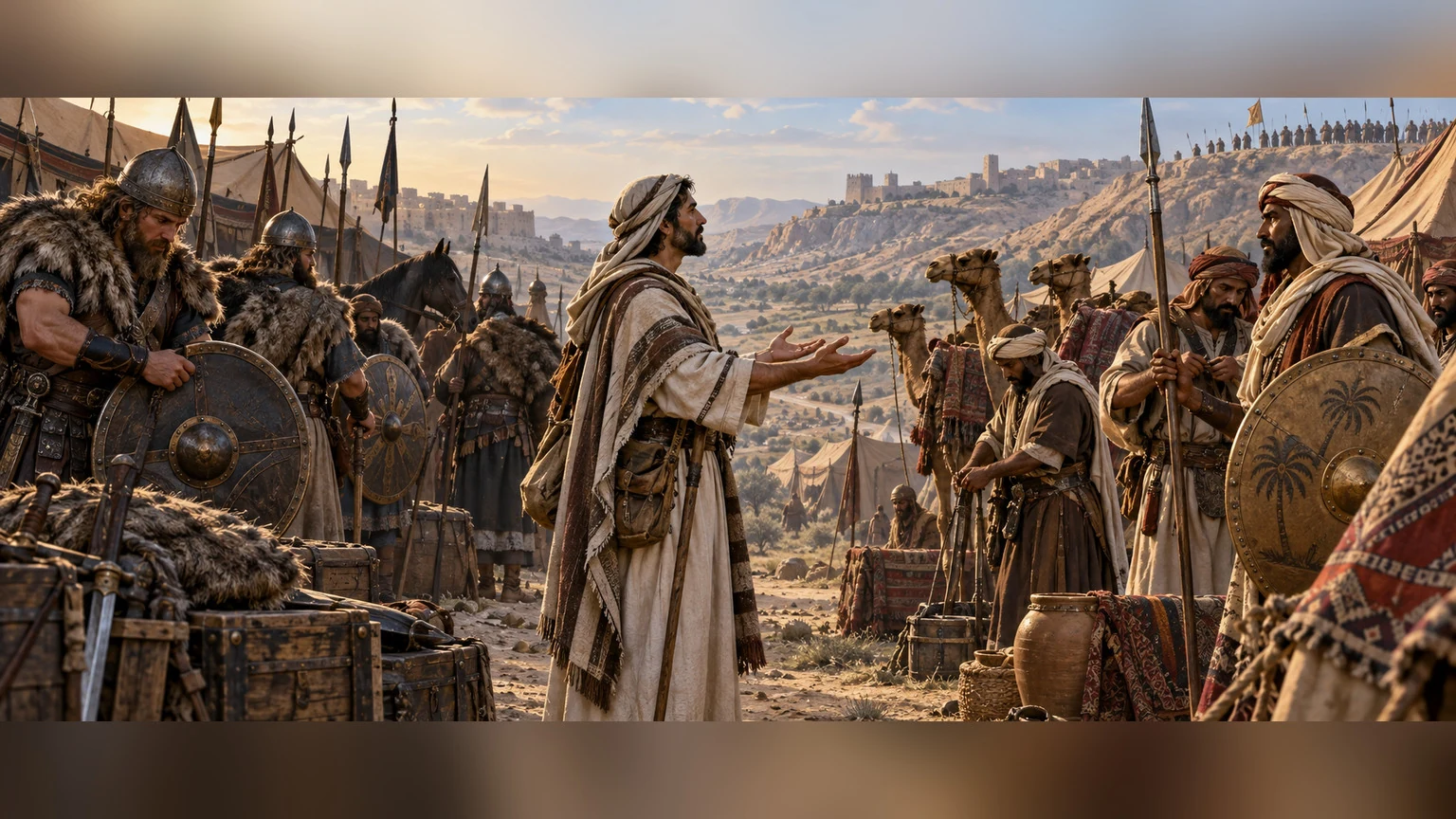 The peaceful speaker stands among foreign tents while neighbors answer him with preparations for war.
