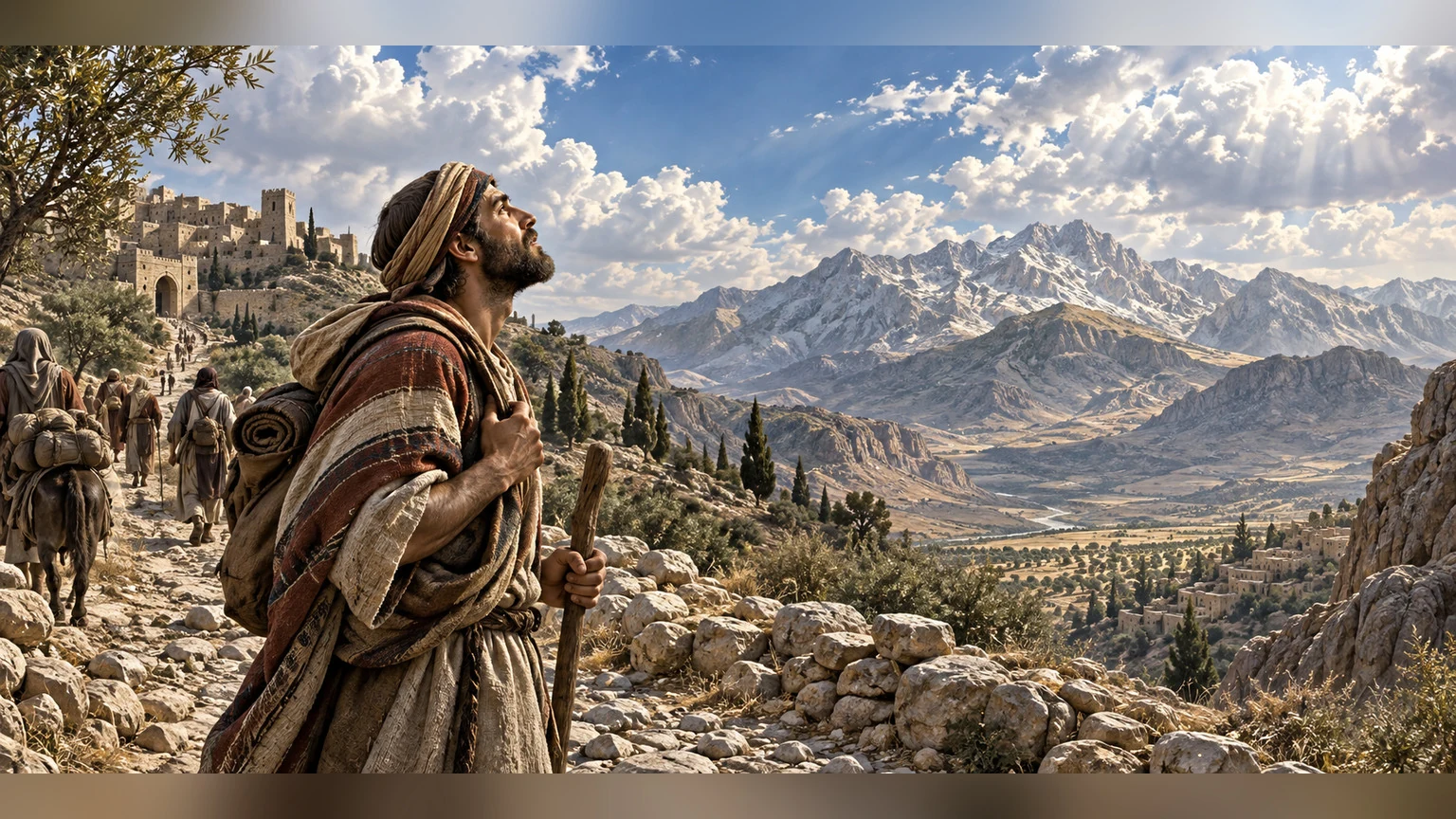 A traveler raises his eyes to the mountains, then beyond them toward their maker.