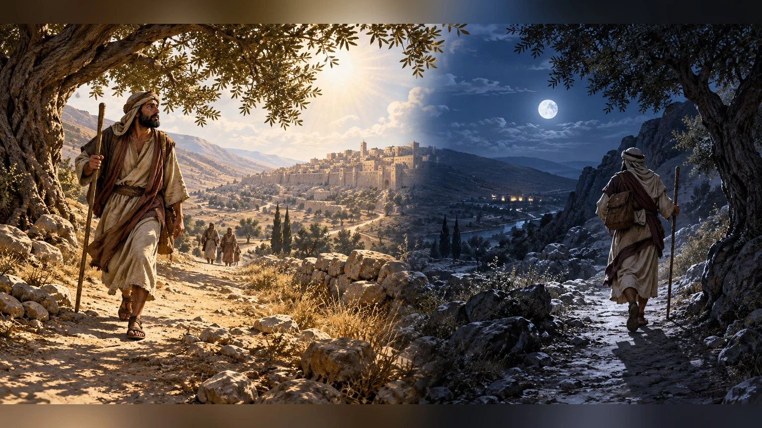 Protective shade follows the traveler through hot daylight and moonlit passage.