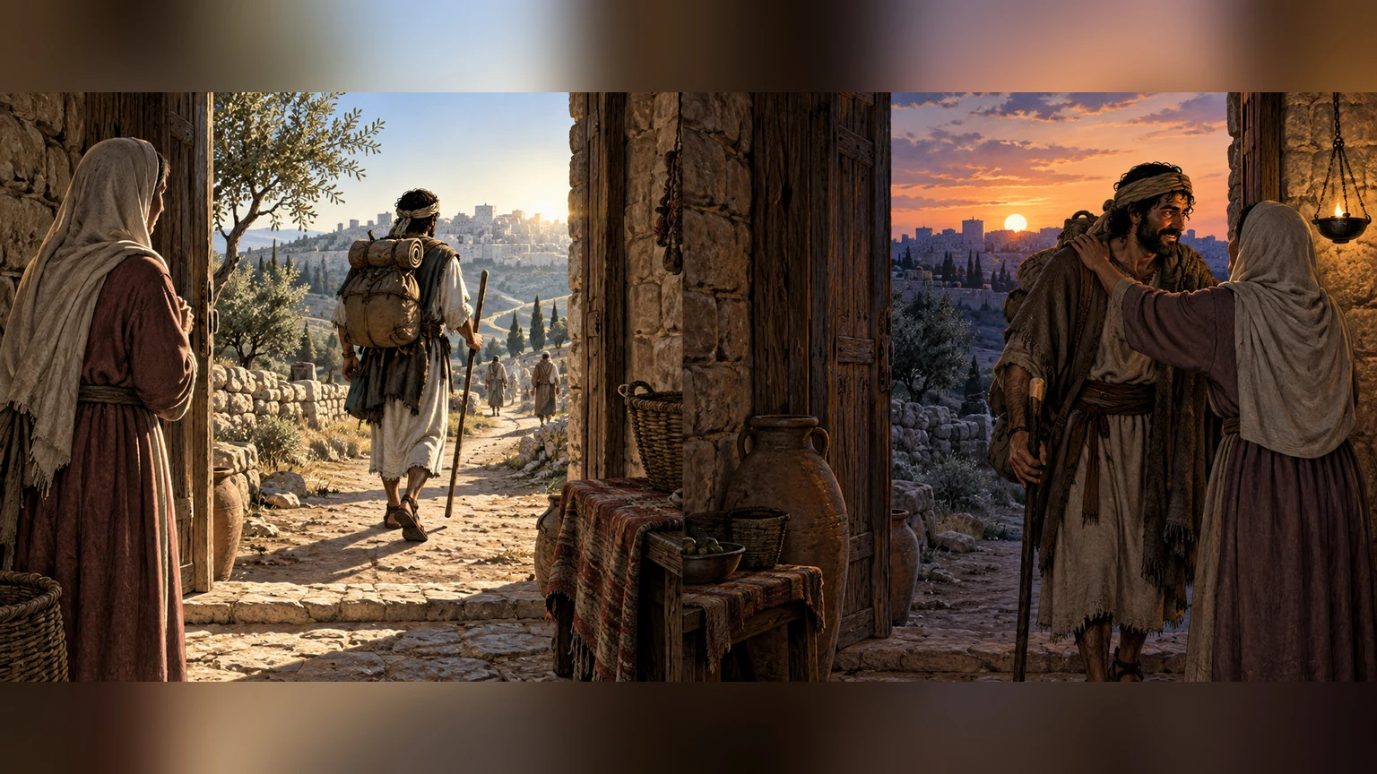 Matched doorway views show safe departure and return across the years.